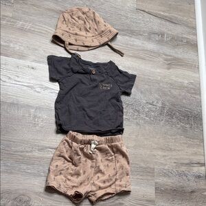 Summer Crew Baby Tee with Tan Printed Shorts & Bucket Hat Size 12M